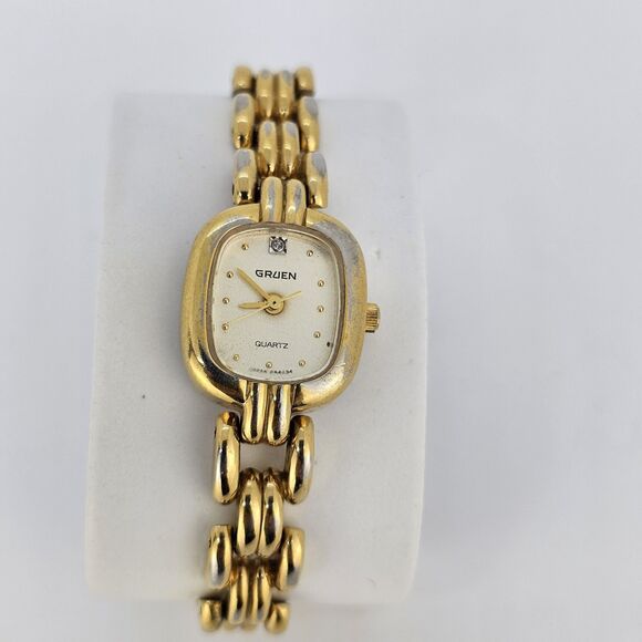 Gruen Women's Watch 18MM Gold Dial Gold Bracelet 6" New Battery - Picture 3 of 12